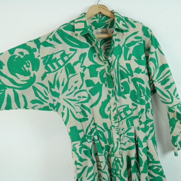 Vintage 80s Linen Blend Shirt Dress Modest Fit Flare 12 Resort Tropical Retro - Picture 6 of 12